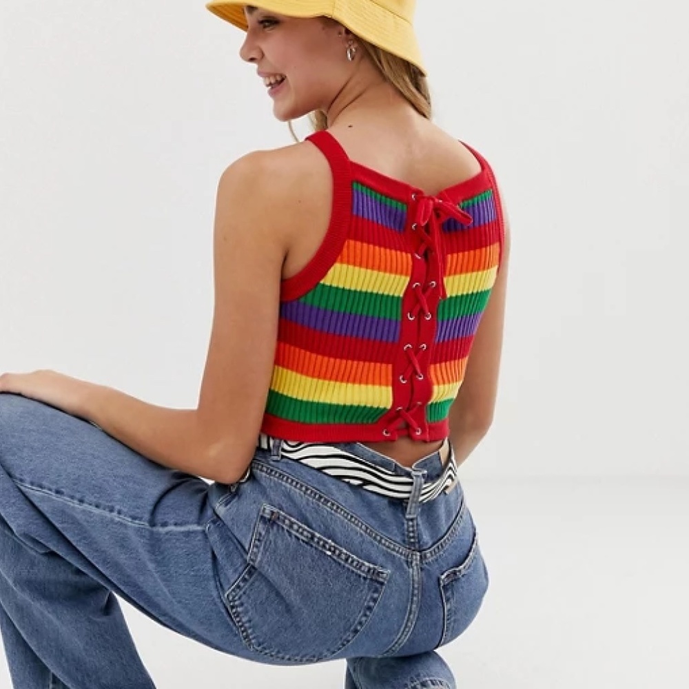 NWOT 🌈Lazy Oaf rainbow knit crop top w lace up back pride - Picture 3 of 5